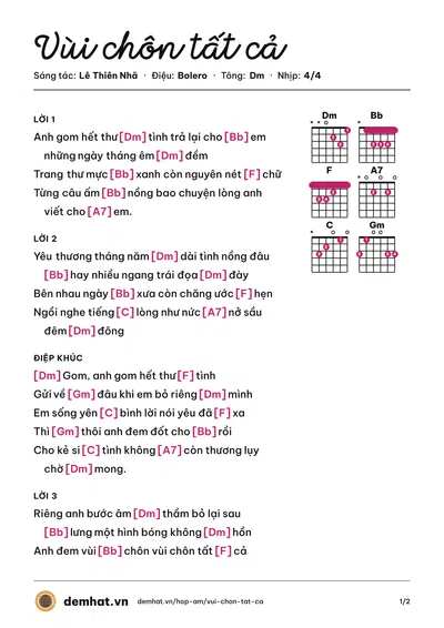 Hợp âm Vùi chôn tất cả (Trung Nghĩa) – bản nhạc PDF trang 1, tông Dm