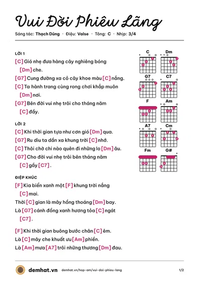 Hợp âm Vui Đời Phiêu Lãng (Thái Hòa) – bản nhạc PDF trang 1, tông C