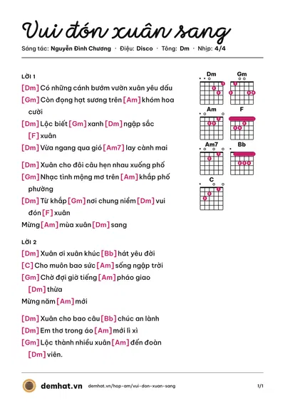 Hợp âm Vui đón xuân sang (Nguyễn Đình Chương) – bản nhạc PDF trang 1, tông Dm