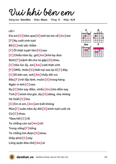 Hợp âm Vui khi bên em (Davidho) – bản nhạc PDF trang 1, tông C