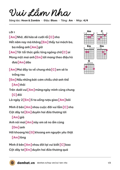 Hợp âm Vui Lắm Nha (Hương Ly) – bản nhạc PDF trang 1, tông Am