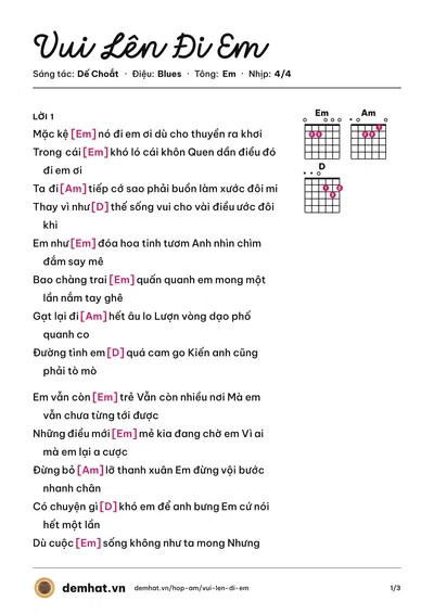 Hợp âm Vui Lên Đi Em (Dế Choắt) – bản nhạc PDF trang 1, tông Em