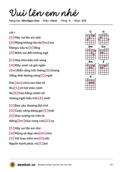 Hợp âm Vui lên em nhé (Như Ngọc Hoa) – bản nhạc PDF trang 1, tông C