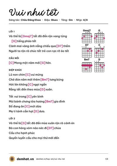 Hợp âm Vui như tết (Thu Minh) – bản nhạc PDF trang 1, tông Gm