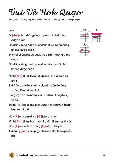 Hợp âm Vui Vẻ Hok Quạo (Nguyên Vũ) – bản nhạc PDF trang 1, tông Am
