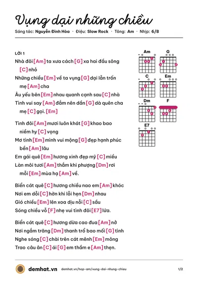 Hợp âm Vụng dại những chiều (Diệu Hiền) – bản nhạc PDF trang 1, tông Am