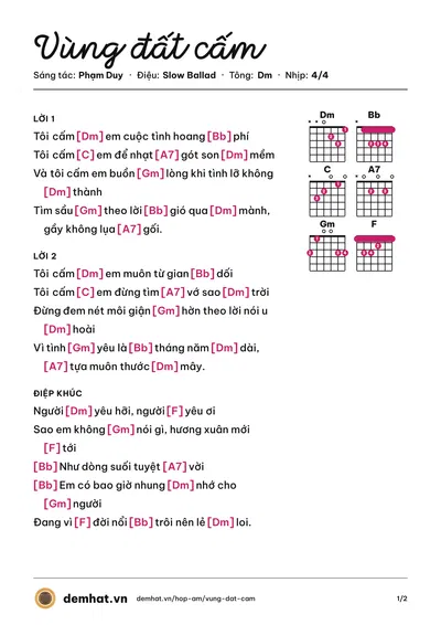 Hợp âm Vùng đất cấm (Phạm Duy) – bản nhạc PDF trang 1, tông Dm