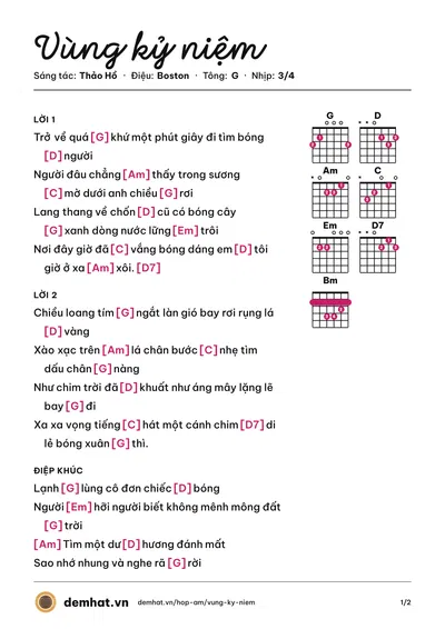 Hợp âm Vùng kỷ niệm (Thảo Hồ) – bản nhạc PDF trang 1, tông G