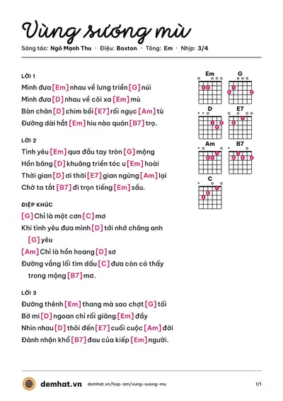 Hợp âm Vùng sương mù (Ngô Mạnh Thu) – bản nhạc PDF trang 1, tông Em