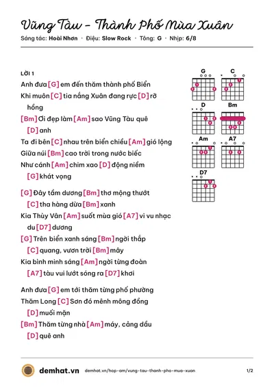 Hợp âm Vũng Tàu - Thành Phố Mùa Xuân (Thu Trang) – bản nhạc PDF trang 1, tông G
