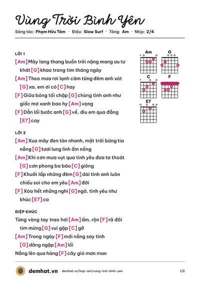 Hợp âm Vùng Trời Bình Yên (Hồng Ngọc) – bản nhạc PDF trang 1, tông Am
