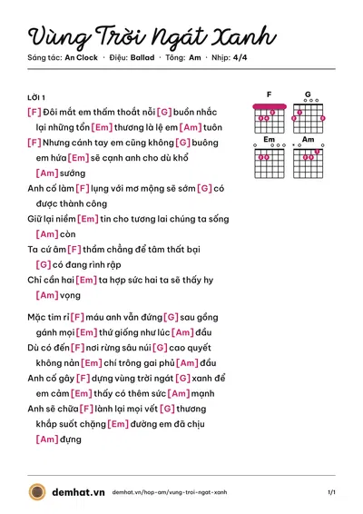 Hợp âm Vùng Trời Ngát Xanh (An Clock) – bản nhạc PDF trang 1, tông Am
