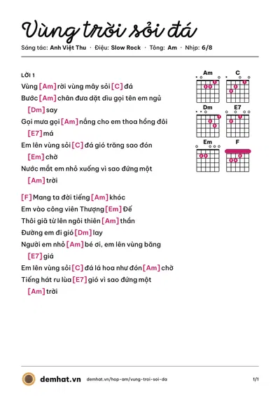 Hợp âm Vùng trời sỏi đá (Anh Việt Thu) – bản nhạc PDF trang 1, tông Am