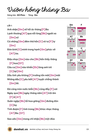 Hợp âm Vườn hồng tháng Ba (Lệ Hồng) – bản nhạc PDF trang 1, tông Dm
