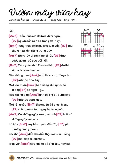 Hợp âm Vườn mây vừa hay (Ân Ngờ) – bản nhạc PDF trang 1, tông Am