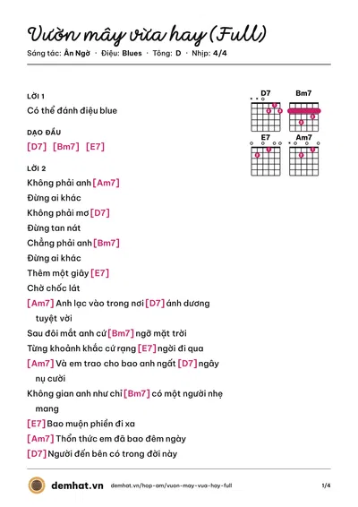 Hợp âm Vườn mây vừa hay (Full) (Ân Ngờ) – bản nhạc PDF trang 1, tông D