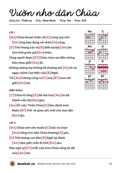 Hợp âm Vườn nho dân Chúa (Tấn Đạt) – bản nhạc PDF trang 1, tông Em