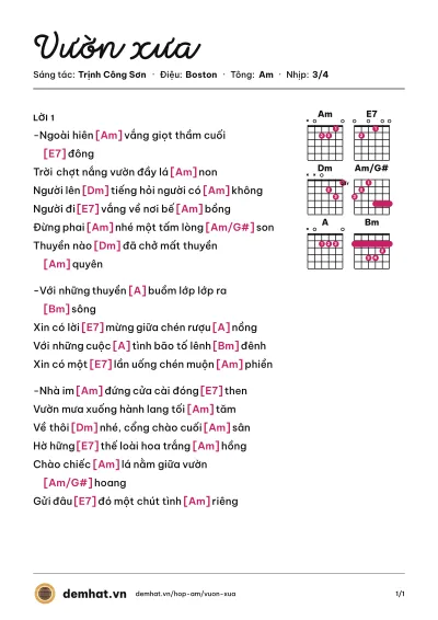 Hợp âm Vườn xưa (Giang Trang) – bản nhạc PDF trang 1, tông Am