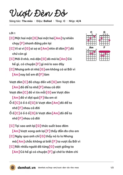 Hợp âm Vượt Đèn Đỏ (The mèo) – bản nhạc PDF trang 1, tông C
