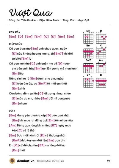 Hợp âm Vượt Qua (Tiên Cookie) – bản nhạc PDF trang 1, tông Em
