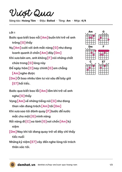 Hợp âm Vượt Qua (Ưng Hoàng Phúc) – bản nhạc PDF trang 1, tông Am