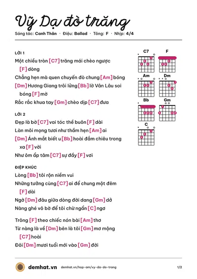 Hợp âm Vỹ Dạ đò trăng (Hương Lan) – bản nhạc PDF trang 1, tông F