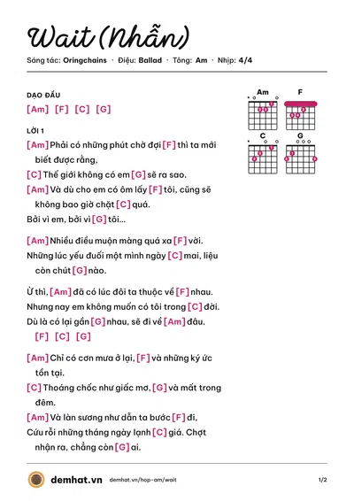 Hợp âm Wait (Nhẫn) (Oringchains) – bản nhạc PDF trang 1, tông Am