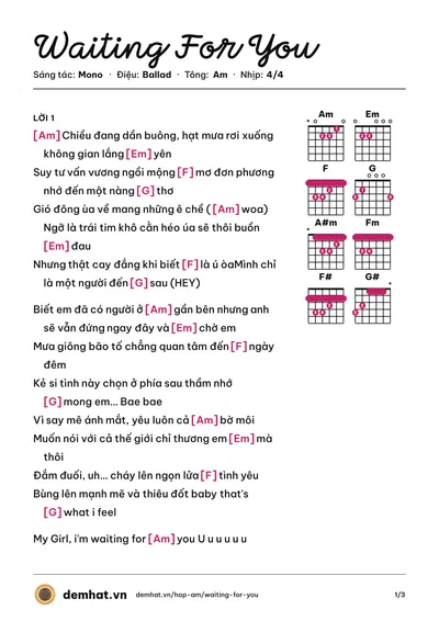 Hợp âm Waiting For You (Mono) – bản nhạc PDF trang 1, tông Am