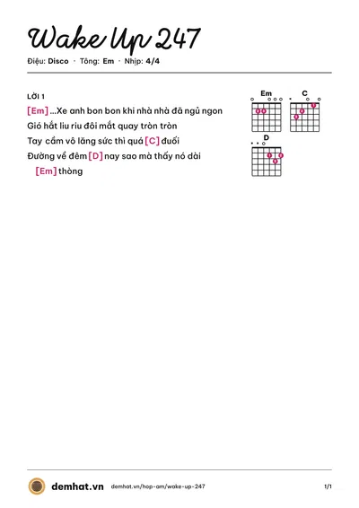 Hợp âm Wake Up 247 (Quân Keyboard) – bản nhạc PDF trang 1, tông Em