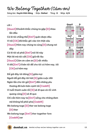 Hợp âm We Belong Together (Cảm ơn) (Đông Nhi) – bản nhạc PDF trang 1, tông G