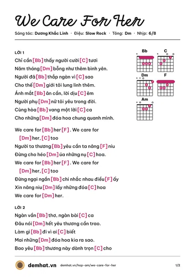Hợp âm We Care For Her (Uyên Linh) – bản nhạc PDF trang 1, tông Dm