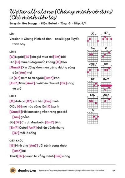 Hợp âm We’re all alone (Chúng mình cô đơn) (Chỉ mình đôi ta) (Rita Coolidge) – bản nhạc PDF trang 1, tông G