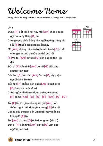 Hợp âm Welcome Home (Lyhan) – bản nhạc PDF trang 1, tông Am