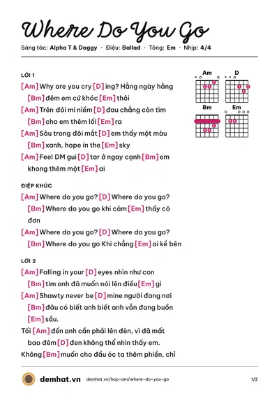 Hợp âm Where Do You Go (Daggy) – bản nhạc PDF trang 1, tông Em