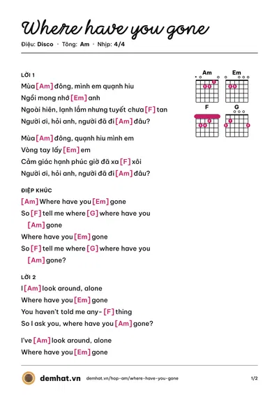 Hợp âm Where have you gone – bản nhạc PDF trang 1, tông Am
