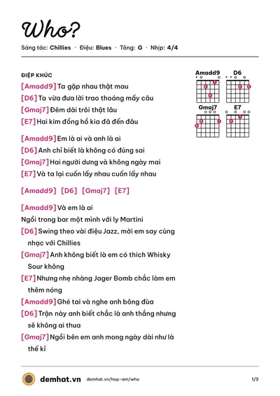 Hợp âm Who? (Chillies) – bản nhạc PDF trang 1, tông G