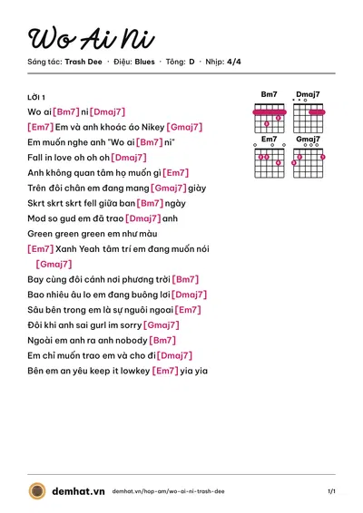 Hợp âm Wo Ai Ni (Trash Dee) – bản nhạc PDF trang 1, tông D