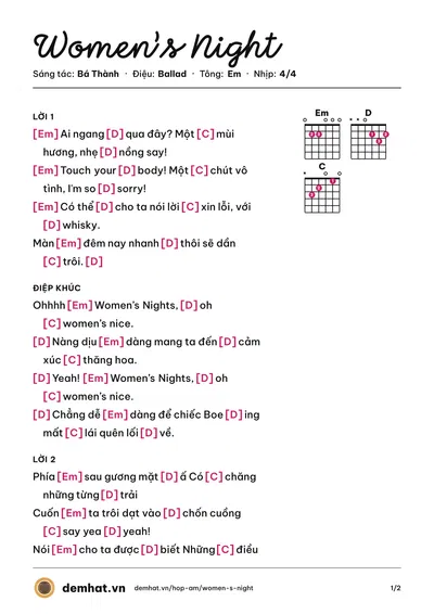Hợp âm Women’s Night (Dương Triệu Vũ) – bản nhạc PDF trang 1, tông Em