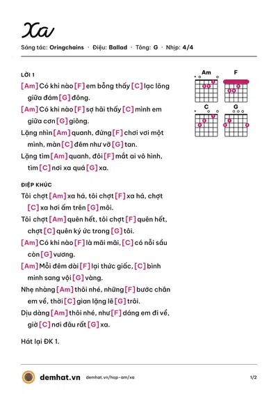 Hợp âm Xa (Oringchains) – bản nhạc PDF trang 1, tông G