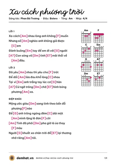 Hợp âm Xa cách phương trời (Hoàng Lâm) – bản nhạc PDF trang 1, tông Am