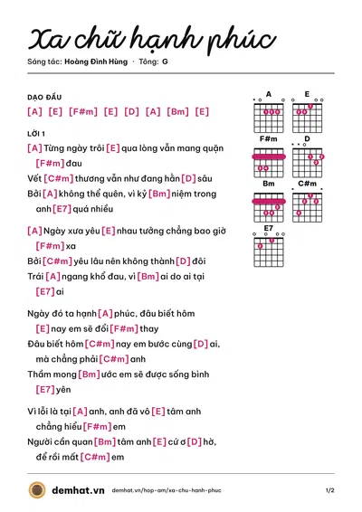 Hợp âm Xa chữ hạnh phúc (Lưu Thiên Phú) – bản nhạc PDF trang 1, tông G