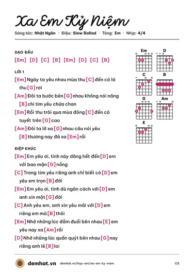 Hợp âm Xa Em Kỷ Niệm (Dương Triệu Vũ) – bản nhạc PDF trang 1, tông Em