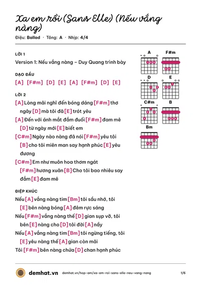 Hợp âm Xa em rồi (Sans Elle) (Nếu vắng nàng) (Duy Quang) – bản nhạc PDF trang 1, tông A
