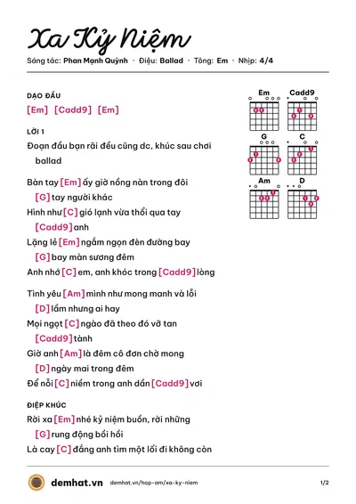 Hợp âm Xa Kỷ Niệm (Phan Mạnh Quỳnh) – bản nhạc PDF trang 1, tông Em