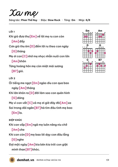 Hợp âm Xa mẹ (Hoài Mỹ) – bản nhạc PDF trang 1, tông Em