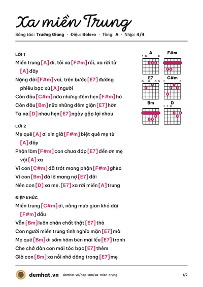 Hợp âm Xa miền Trung (Trường Giang) – bản nhạc PDF trang 1, tông A