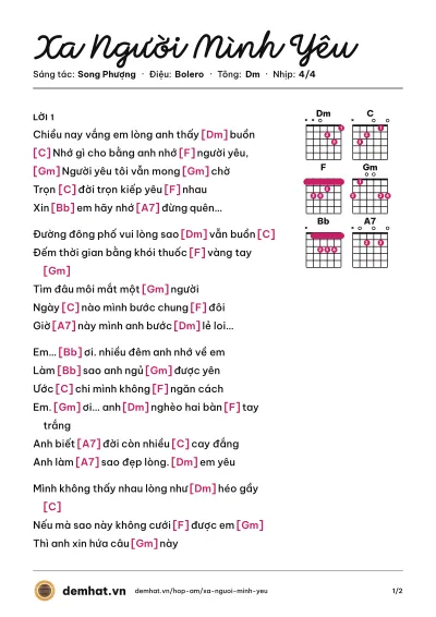 Hợp âm Xa Người Mình Yêu (Trường Vũ) – bản nhạc PDF trang 1, tông Dm