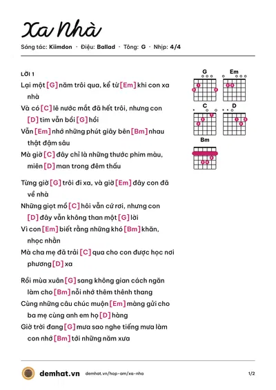Hợp âm Xa Nhà (Kiimdon) – bản nhạc PDF trang 1, tông G