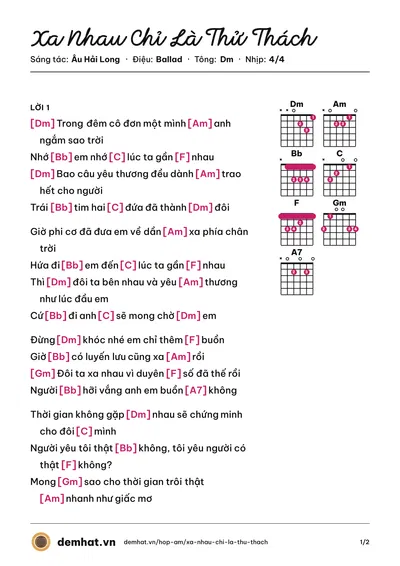 Hợp âm Xa Nhau Chỉ Là Thử Thách (Âu Hải Long) – bản nhạc PDF trang 1, tông Dm