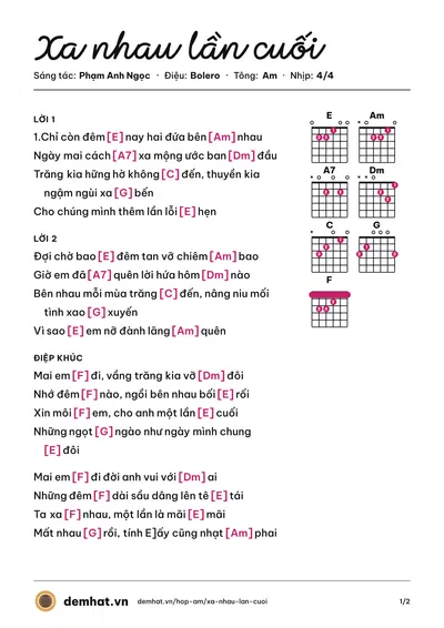 Hợp âm Xa nhau lần cuối (Hoàng Sơn) – bản nhạc PDF trang 1, tông Am